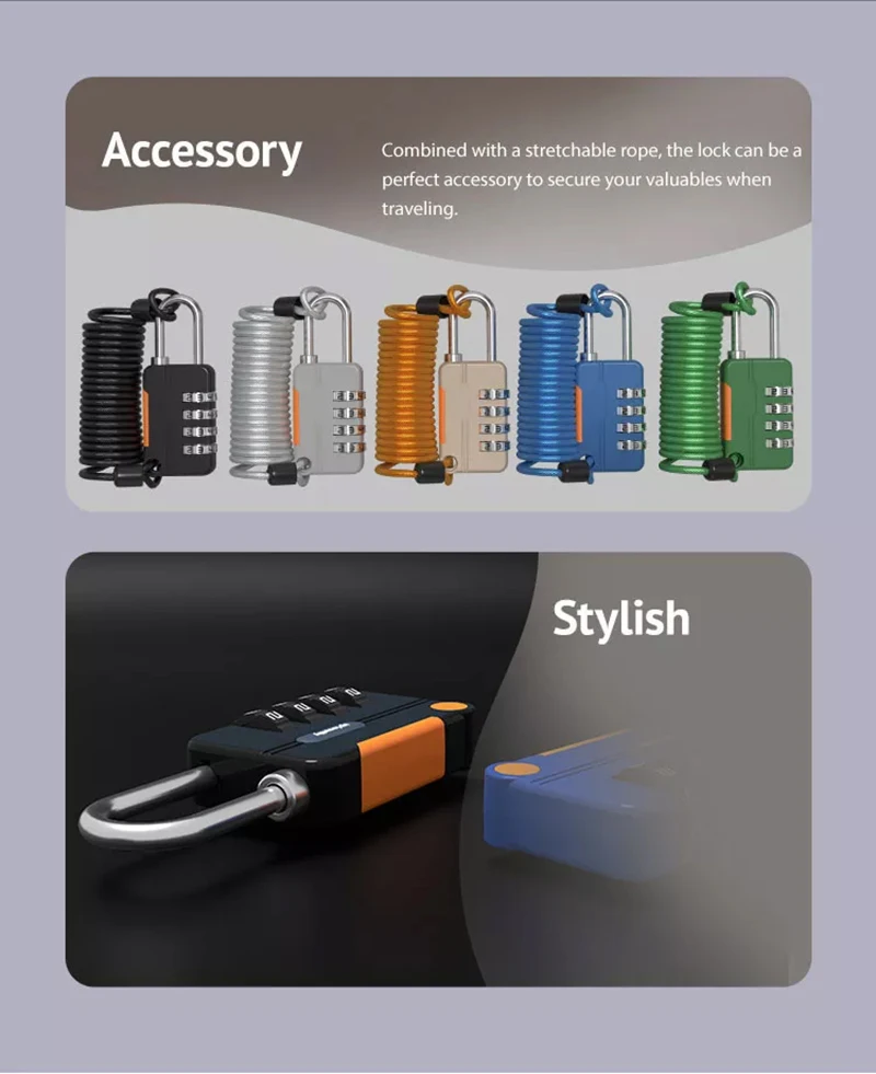 Security Steel Cable with 4 Digit Combination Lock 1 Set Travel Padlock 1m Coated Safety Wire Rope Double Loop for Luggage Bag