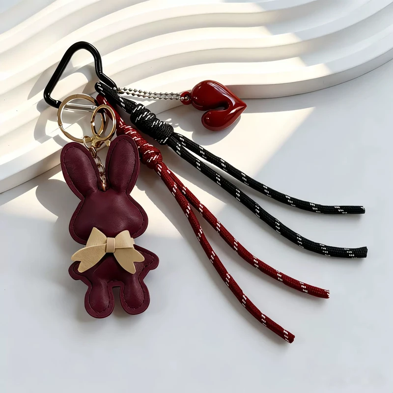 New PU Leather Bunny Keychain Heart Decoration Key Holders Hanging Charm Solid Color Bag Pendant Accessories Gift