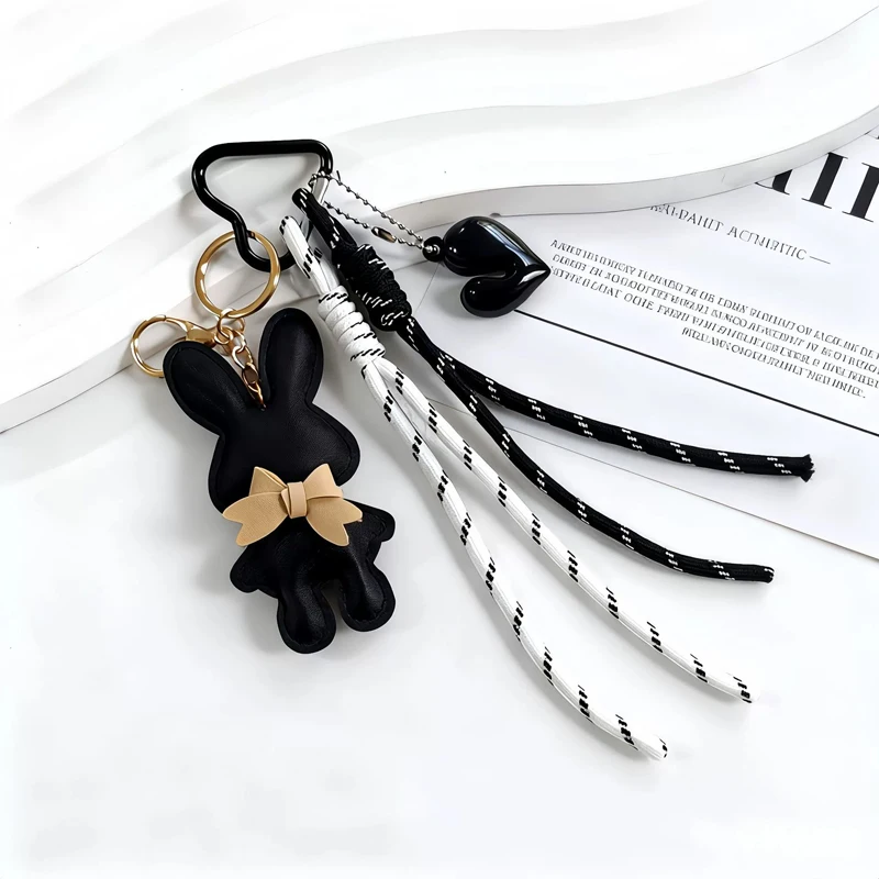 New PU Leather Bunny Keychain Heart Decoration Key Holders Hanging Charm Solid Color Bag Pendant Accessories Gift