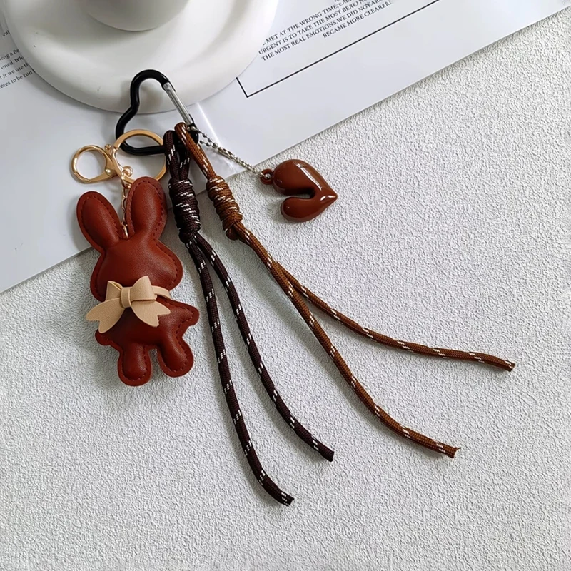 New PU Leather Bunny Keychain Heart Decoration Key Holders Hanging Charm Solid Color Bag Pendant Accessories Gift