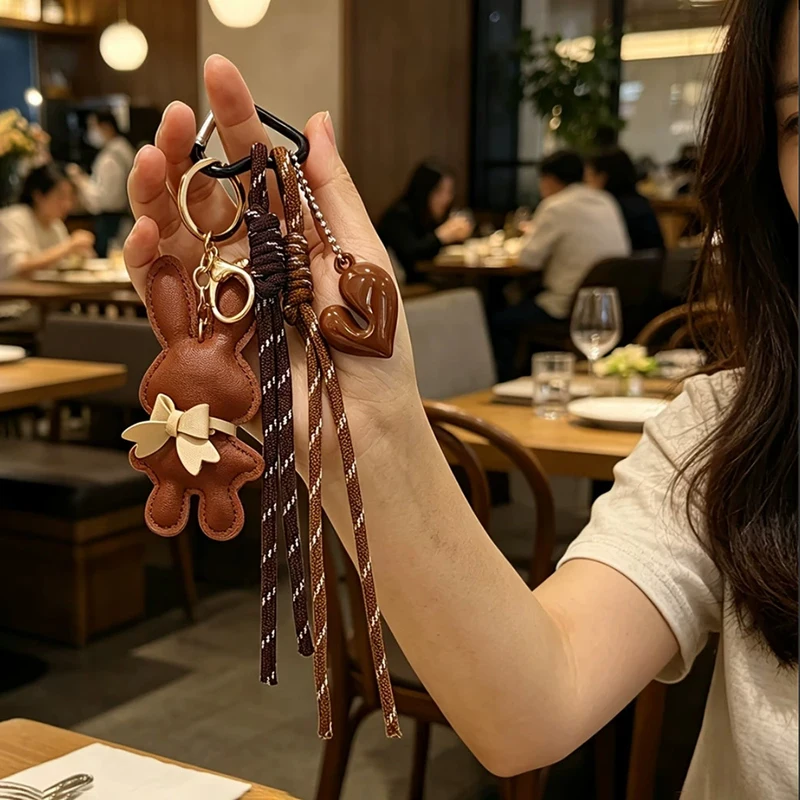 New PU Leather Bunny Keychain Heart Decoration Key Holders Hanging Charm Solid Color Bag Pendant Accessories Gift