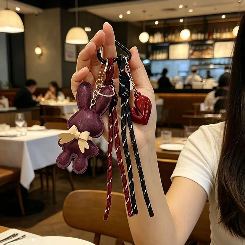 New PU Leather Bunny Keychain Heart Decoration Key Holders Hanging Charm Solid Color Bag Pendant Accessories Gift