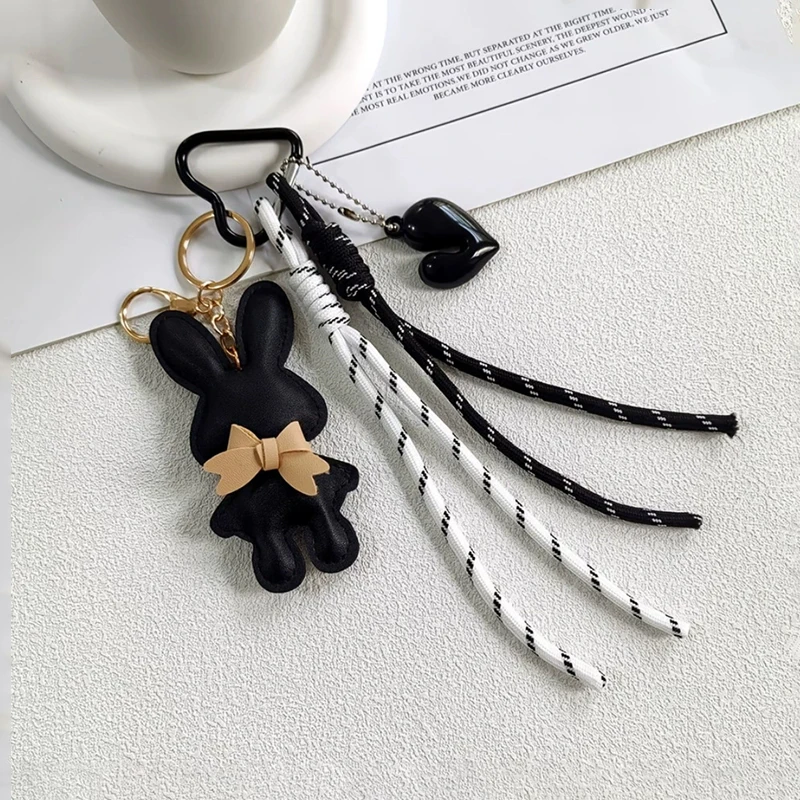 New PU Leather Bunny Keychain Heart Decoration Key Holders Hanging Charm Solid Color Bag Pendant Accessories Gift
