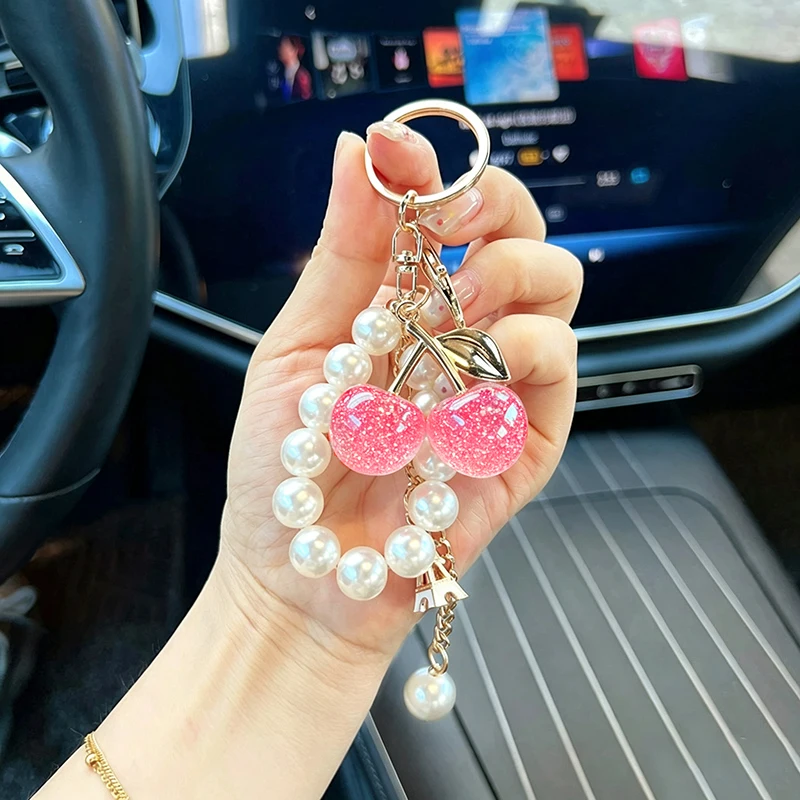 Acrylic Cherry Bag Charm With Imitation Pearl Bead Chain Mini Eiffel Tower Metal Pendant Gold Keychain Handbag Accessory