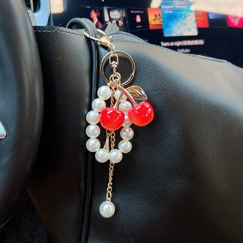 Acrylic Cherry Bag Charm With Imitation Pearl Bead Chain Mini Eiffel Tower Metal Pendant Gold Keychain Handbag Accessory