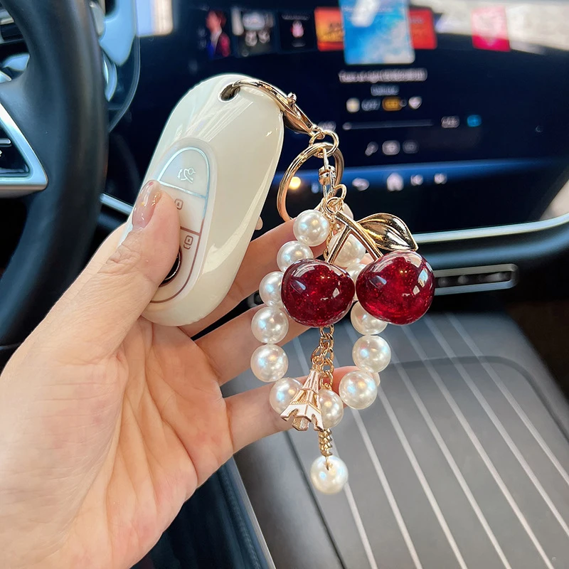 Acrylic Cherry Bag Charm With Imitation Pearl Bead Chain Mini Eiffel Tower Metal Pendant Gold Keychain Handbag Accessory