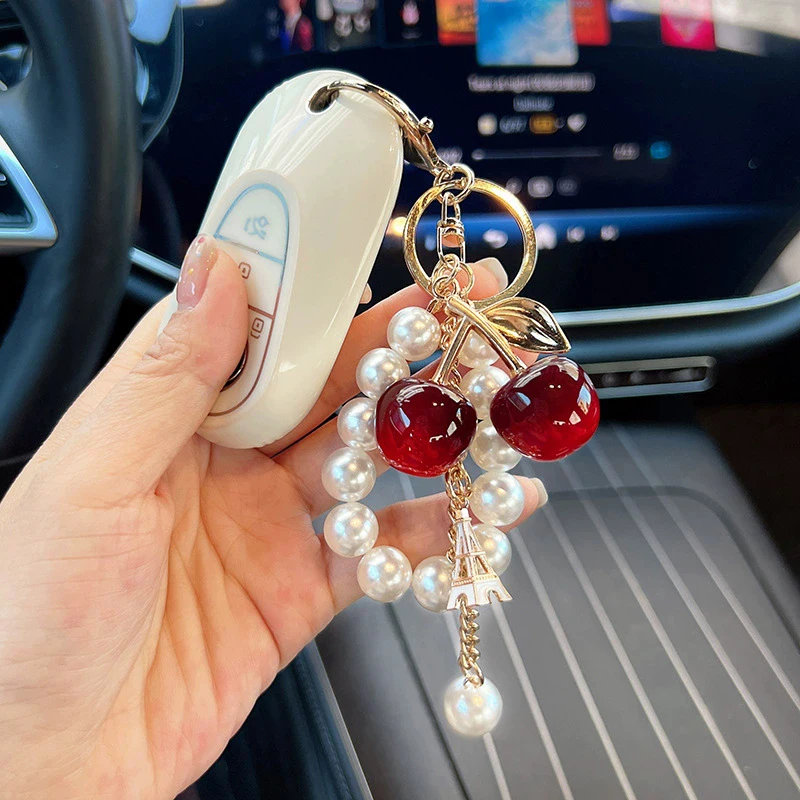 Acrylic Cherry Bag Charm With Imitation Pearl Bead Chain Mini Eiffel Tower Metal Pendant Gold Keychain Handbag Accessory