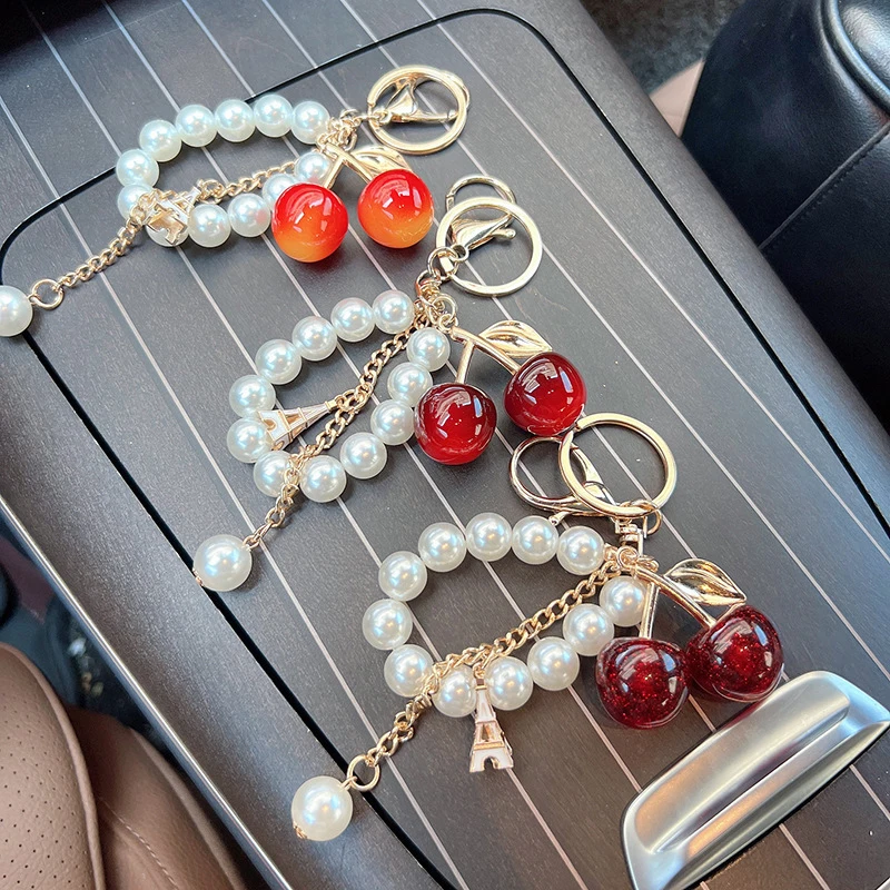 Acrylic Cherry Bag Charm With Imitation Pearl Bead Chain Mini Eiffel Tower Metal Pendant Gold Keychain Handbag Accessory