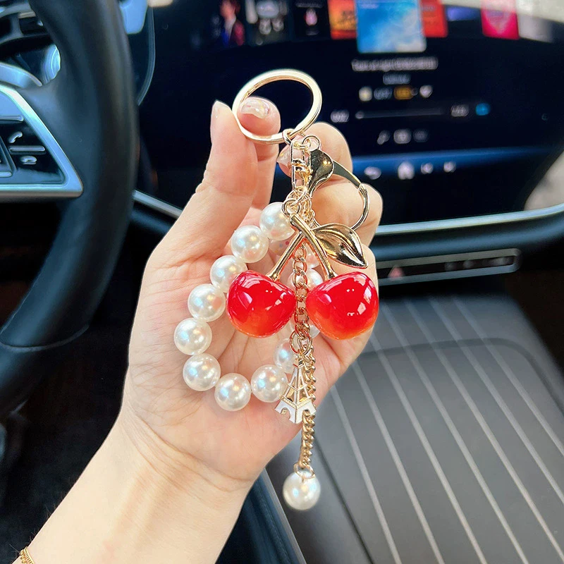 Acrylic Cherry Bag Charm With Imitation Pearl Bead Chain Mini Eiffel Tower Metal Pendant Gold Keychain Handbag Accessory