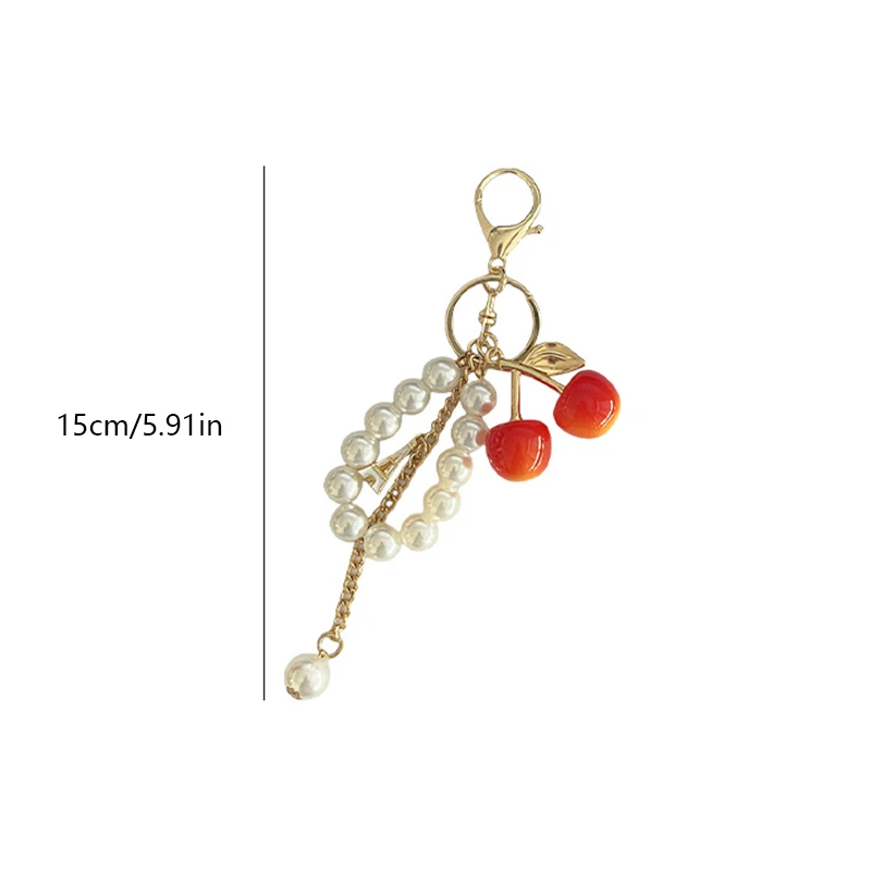 Acrylic Cherry Bag Charm With Imitation Pearl Bead Chain Mini Eiffel Tower Metal Pendant Gold Keychain Handbag Accessory