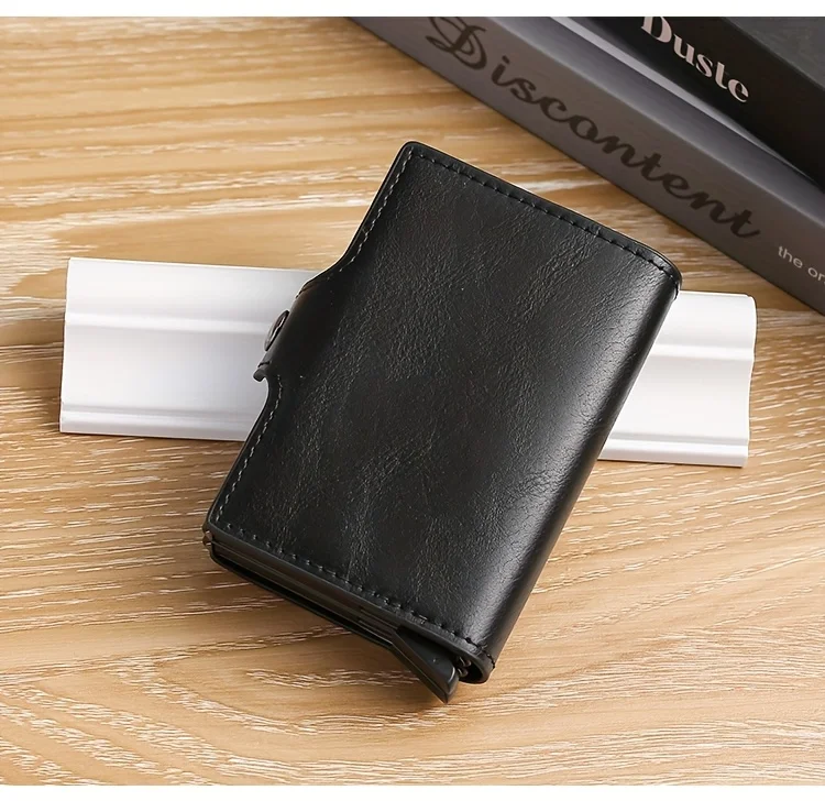 Double-Layer Aluminum Pop-Up RFID Blocking Card Holder Carbon Fiber Pattern PU Wallet Wear Men Accessory Gift for Father's Day
