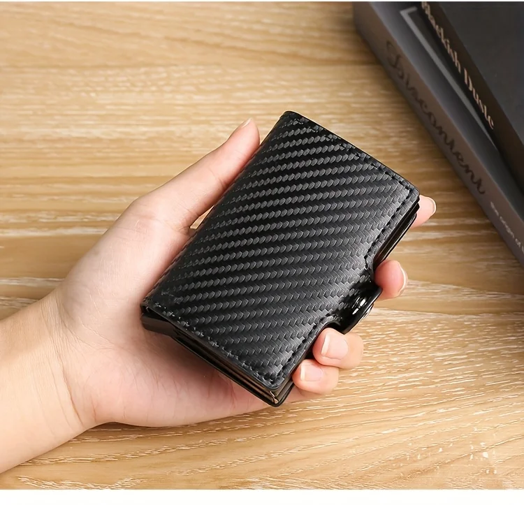 Double-Layer Aluminum Pop-Up RFID Blocking Card Holder Carbon Fiber Pattern PU Wallet Wear Men Accessory Gift for Father's Day