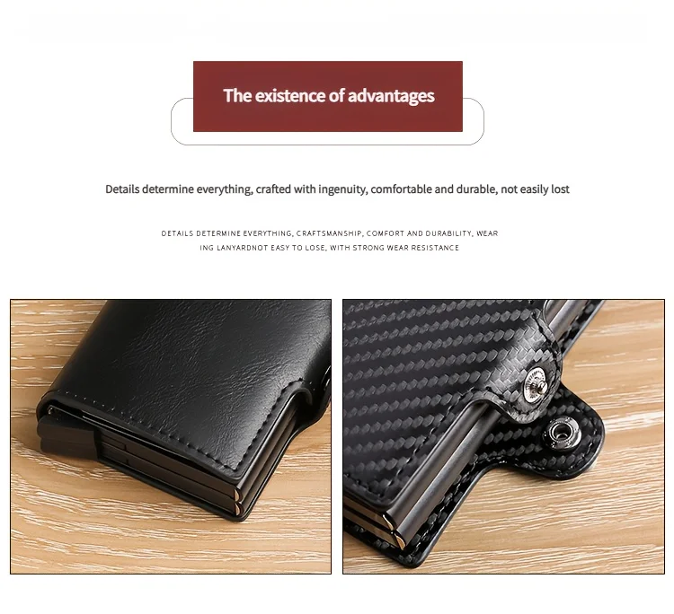 Double-Layer Aluminum Pop-Up RFID Blocking Card Holder Carbon Fiber Pattern PU Wallet Wear Men Accessory Gift for Father's Day