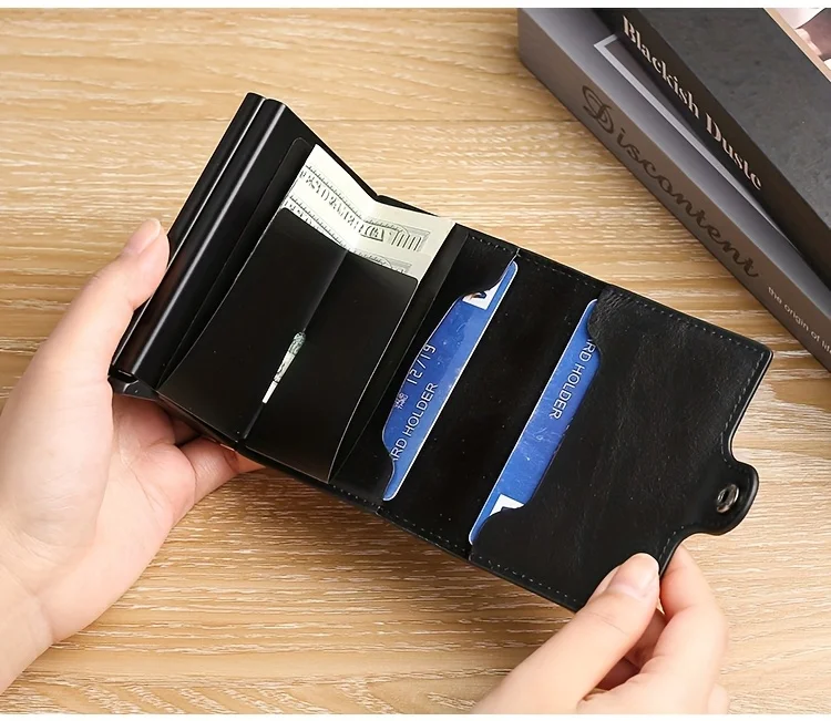 Double-Layer Aluminum Pop-Up RFID Blocking Card Holder Carbon Fiber Pattern PU Wallet Wear Men Accessory Gift for Father's Day