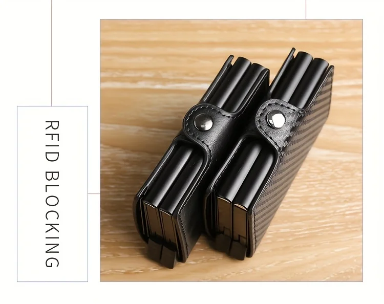 Double-Layer Aluminum Pop-Up RFID Blocking Card Holder Carbon Fiber Pattern PU Wallet Wear Men Accessory Gift for Father's Day