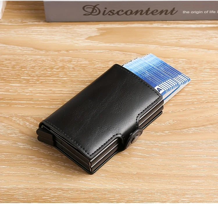 Double-Layer Aluminum Pop-Up RFID Blocking Card Holder Carbon Fiber Pattern PU Wallet Wear Men Accessory Gift for Father's Day