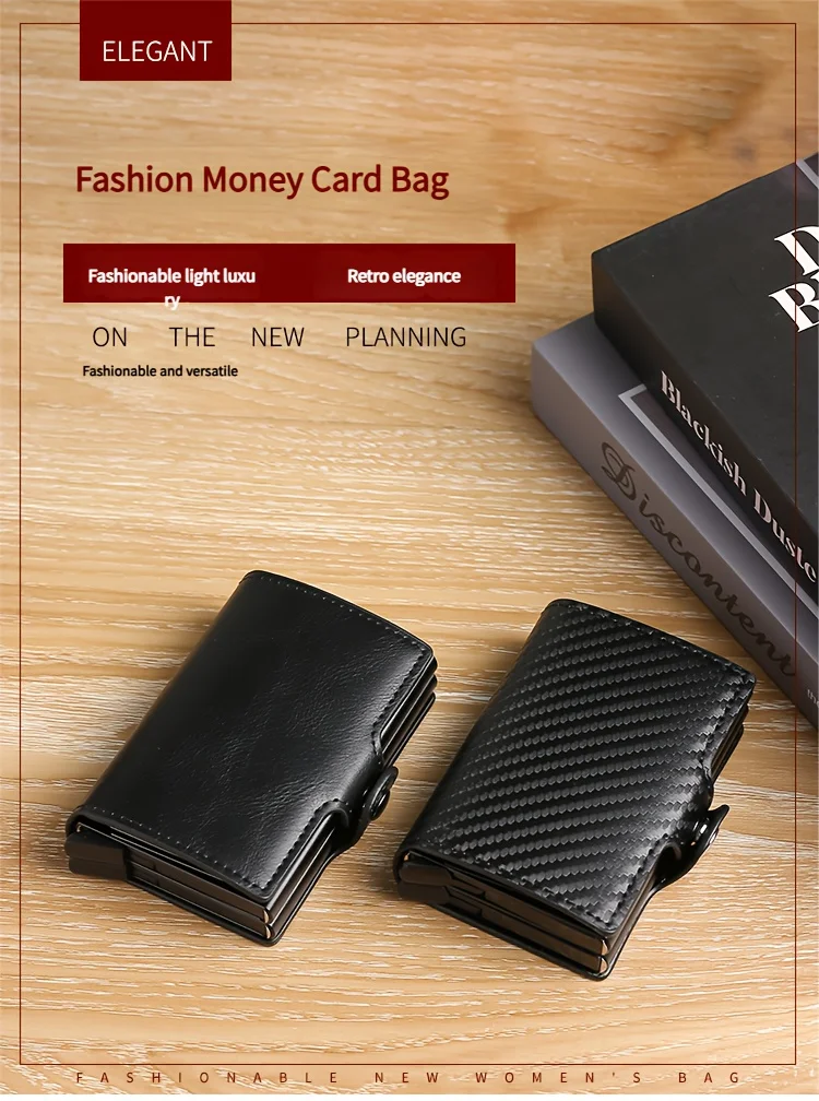 Double-Layer Aluminum Pop-Up RFID Blocking Card Holder Carbon Fiber Pattern PU Wallet Wear Men Accessory Gift for Father's Day