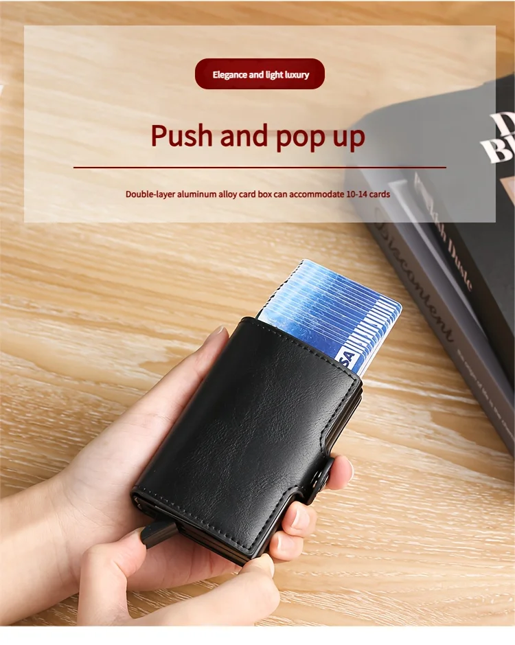 Double-Layer Aluminum Pop-Up RFID Blocking Card Holder Carbon Fiber Pattern PU Wallet Wear Men Accessory Gift for Father's Day