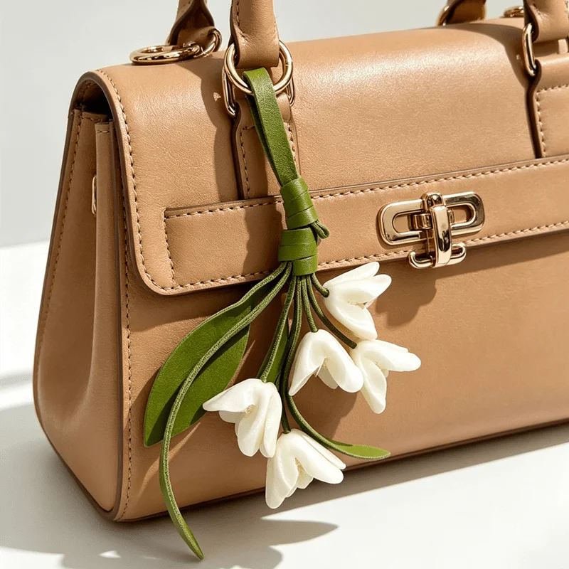 Handmade PU Leather Lily of The Valley Keychain Creative Bag Charm, Suitable for Wedding Favors and Blessing Gifts.