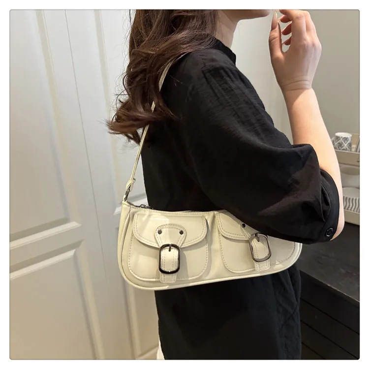 Fashion Pu Leather Women's Shoulder Bag Small Double Pocket Design Ladies Underarm Bags Y2k Vintage Female Handbags Clutch Purse