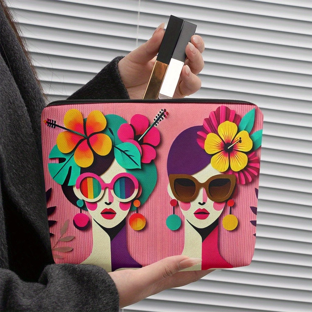 1pc Vibrant Abstract Women's Face & Tropical Hibiscus Flower Makeup Bag - Foldable & Portable Cosmetic Organizer