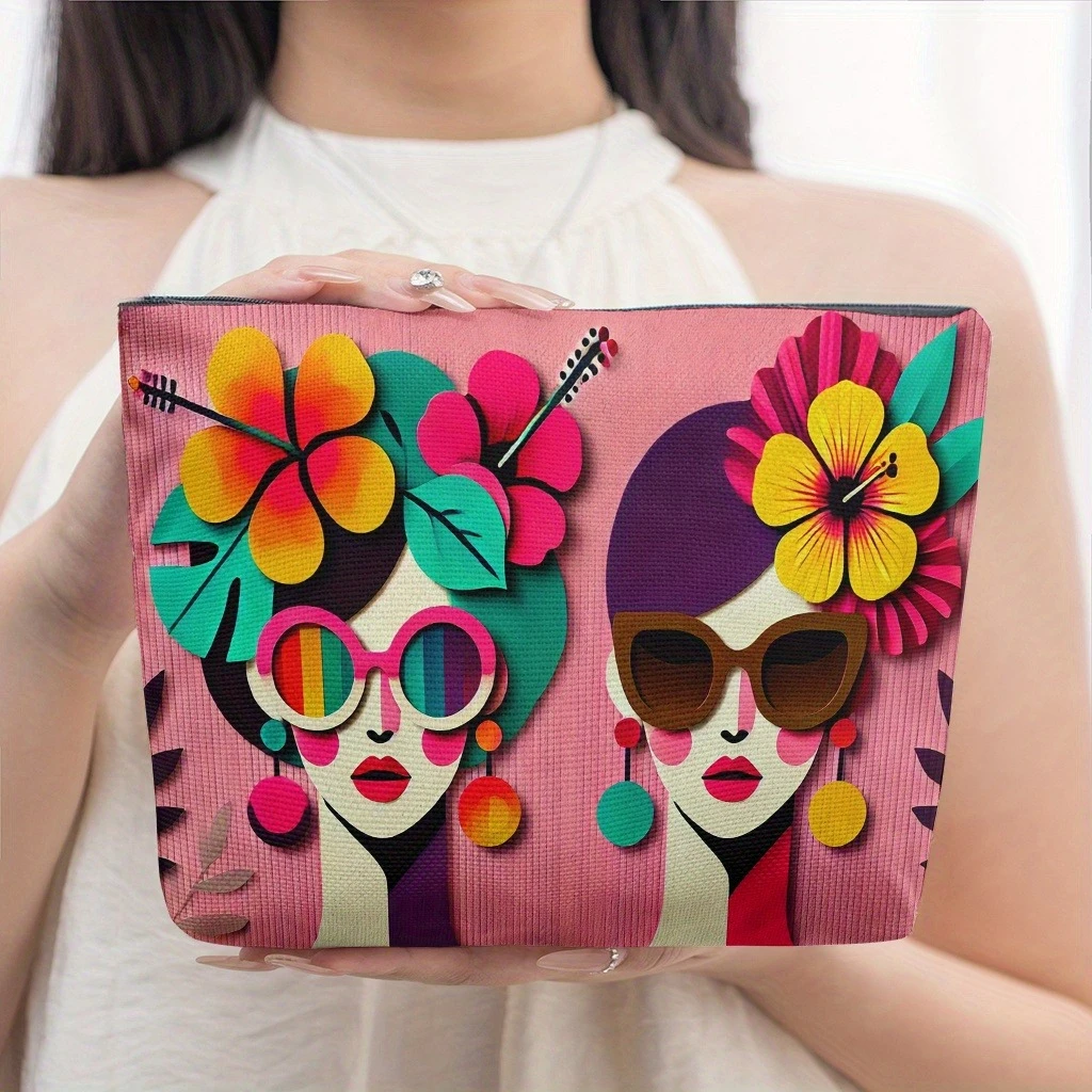 1pc Vibrant Abstract Women's Face & Tropical Hibiscus Flower Makeup Bag - Foldable & Portable Cosmetic Organizer