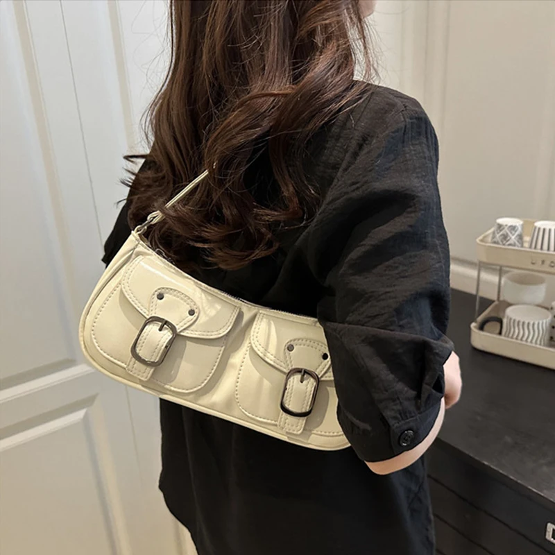 Fashion Pu Leather Women's Shoulder Bag Small Double Pocket Design Ladies Underarm Bags Y2k Vintage Female Handbags Clutch Purse