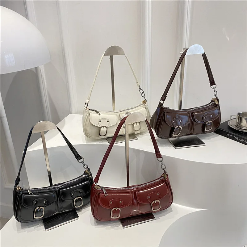 Fashion Pu Leather Women's Shoulder Bag Small Double Pocket Design Ladies Underarm Bags Y2k Vintage Female Handbags Clutch Purse