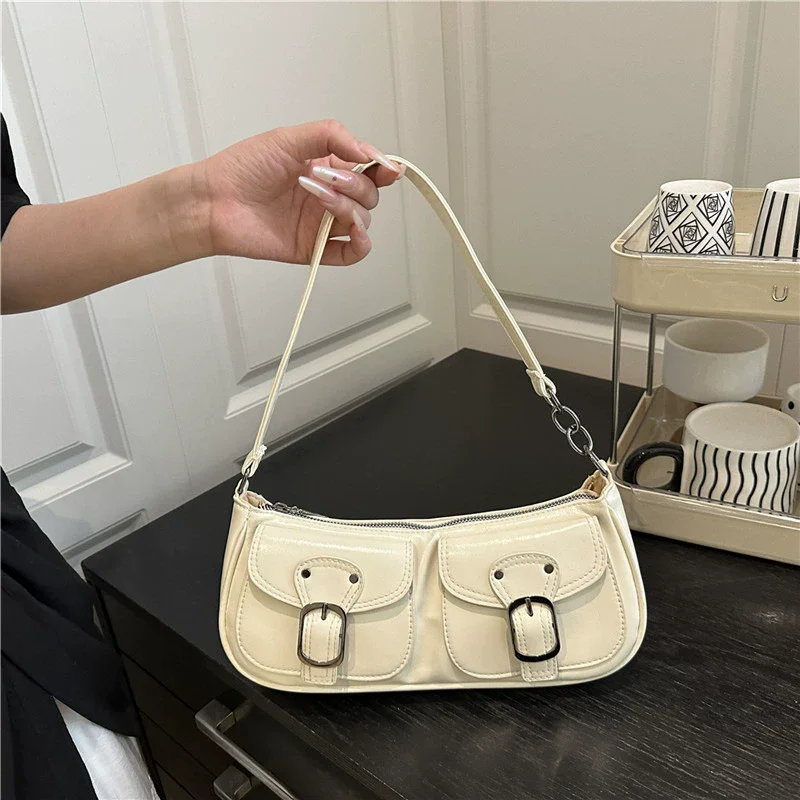 Fashion Pu Leather Women's Shoulder Bag Small Double Pocket Design Ladies Underarm Bags Y2k Vintage Female Handbags Clutch Purse