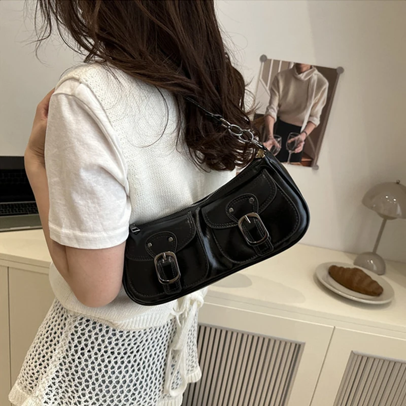 Fashion Pu Leather Women's Shoulder Bag Small Double Pocket Design Ladies Underarm Bags Y2k Vintage Female Handbags Clutch Purse