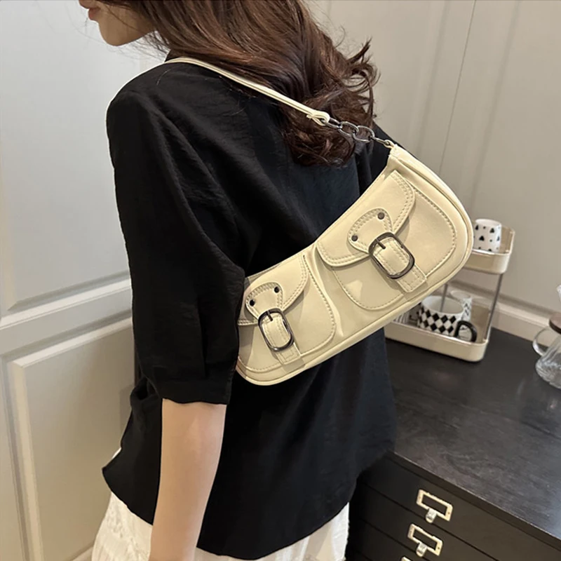 Fashion Pu Leather Women's Shoulder Bag Small Double Pocket Design Ladies Underarm Bags Y2k Vintage Female Handbags Clutch Purse