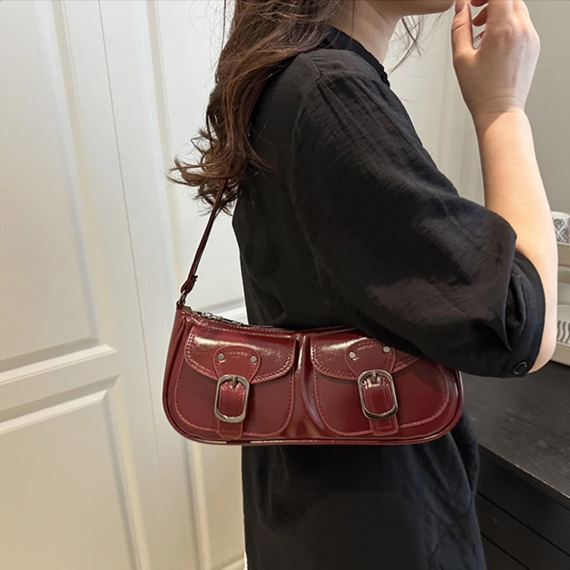 Fashion Pu Leather Women's Shoulder Bag Small Double Pocket Design Ladies Underarm Bags Y2k Vintage Female Handbags Clutch Purse