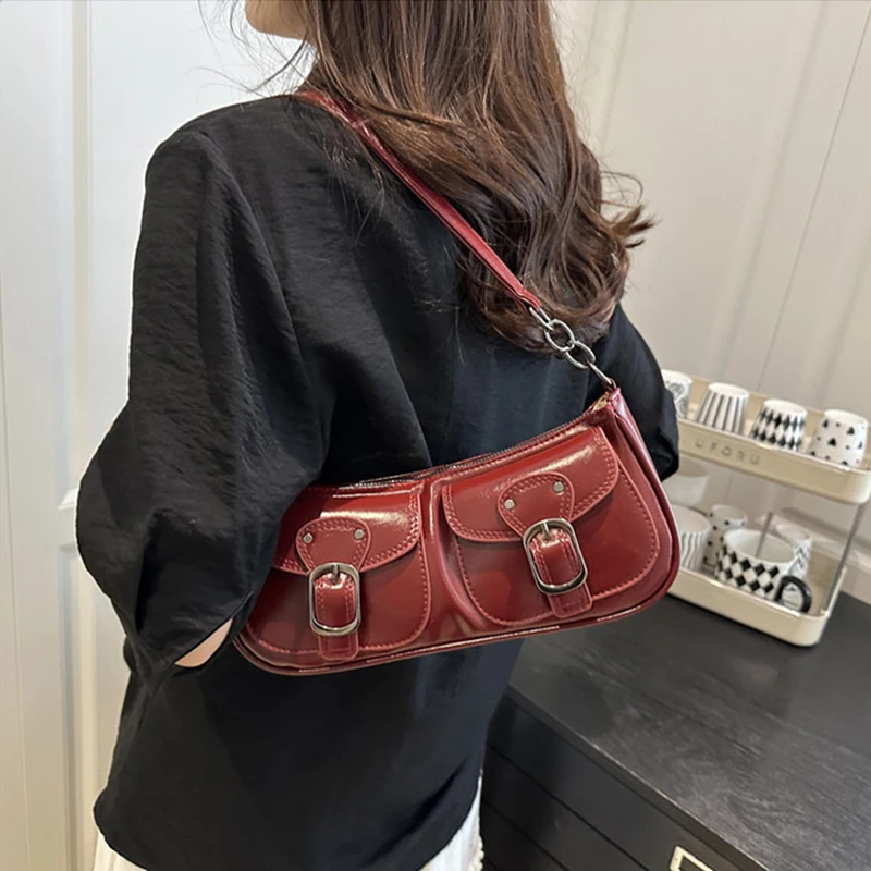 Fashion Pu Leather Women's Shoulder Bag Small Double Pocket Design Ladies Underarm Bags Y2k Vintage Female Handbags Clutch Purse