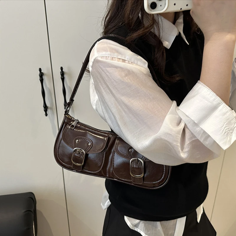 Fashion Pu Leather Women's Shoulder Bag Small Double Pocket Design Ladies Underarm Bags Y2k Vintage Female Handbags Clutch Purse