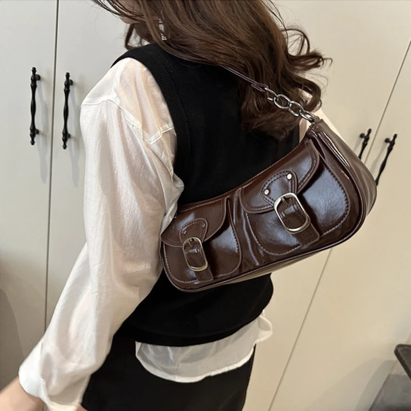 Fashion Pu Leather Women's Shoulder Bag Small Double Pocket Design Ladies Underarm Bags Y2k Vintage Female Handbags Clutch Purse