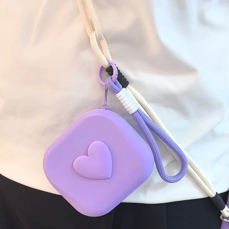 1pc Love Heart Storage Bag Silicone Coin Purse Wallet with Weaving Lanyard Portable Data Cable Earphone Organizer Key Pouch