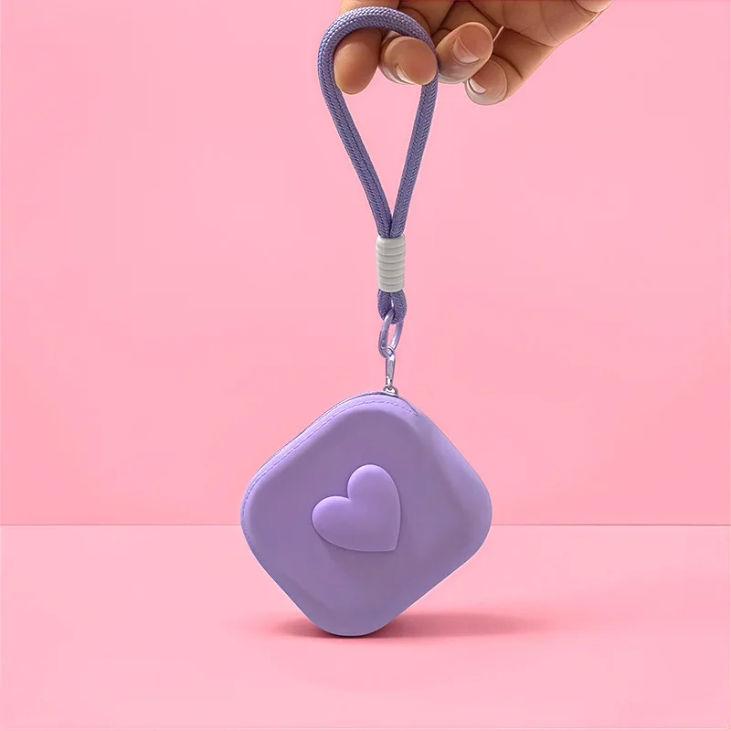 1pc Love Heart Storage Bag Silicone Coin Purse Wallet with Weaving Lanyard Portable Data Cable Earphone Organizer Key Pouch