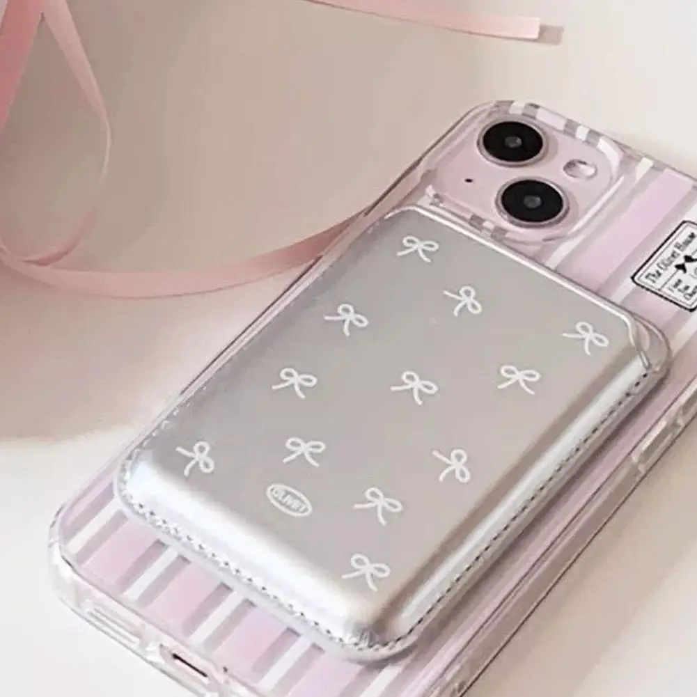 Korean Cute Bow MagSafe Wallet Magnetic Card Holder for iPhone 17 16 15 14 Pro Max PU Leather Pocket Phone Bag Accessory INS
