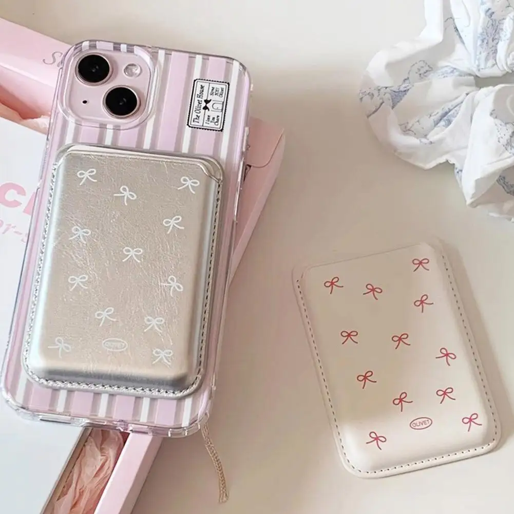 Korean Cute Bow MagSafe Wallet Magnetic Card Holder for iPhone 17 16 15 14 Pro Max PU Leather Pocket Phone Bag Accessory INS
