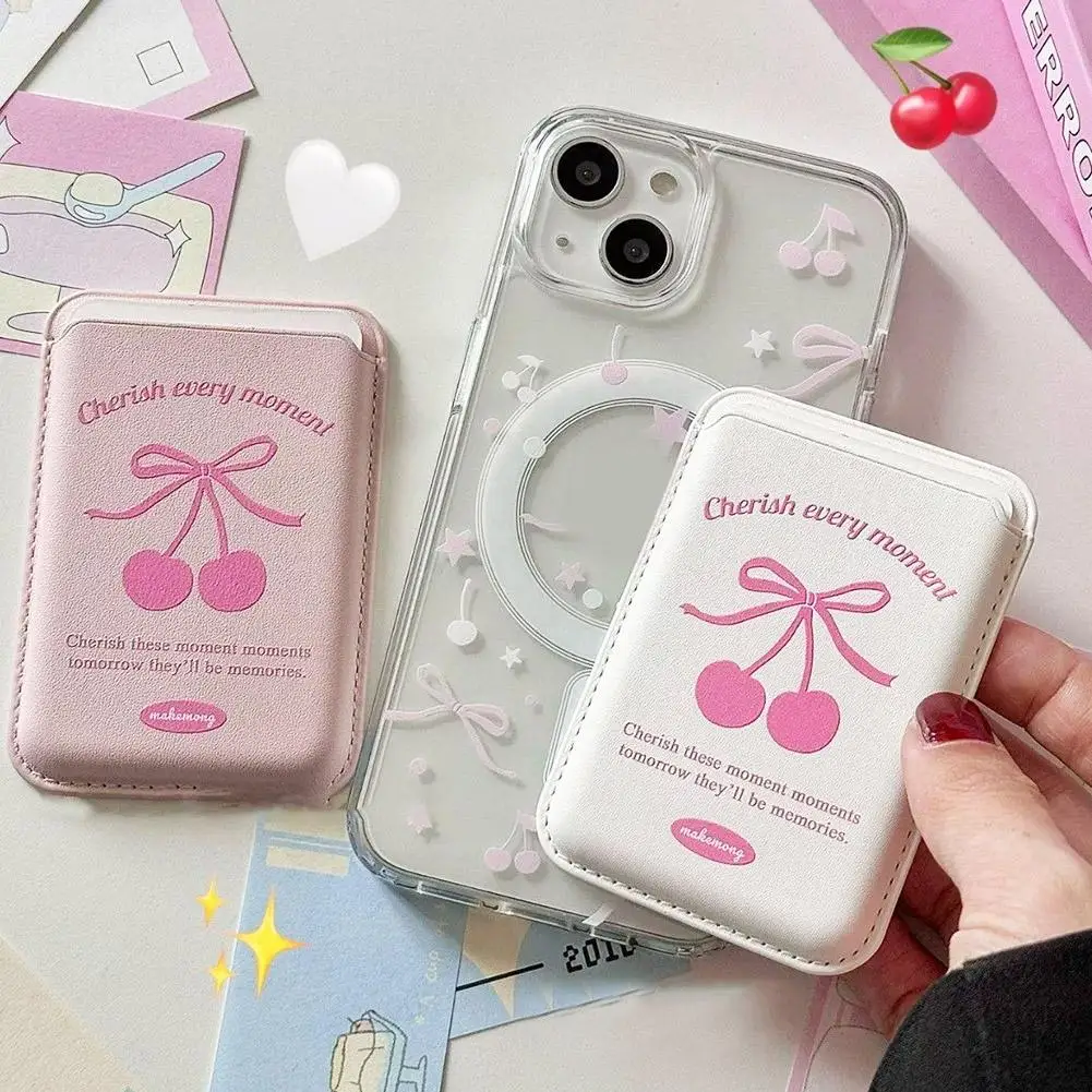 Korean Cute Bow MagSafe Wallet Magnetic Card Holder for iPhone 17 16 15 14 Pro Max PU Leather Pocket Phone Bag Accessory INS