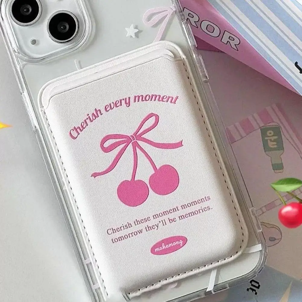 Korean Cute Bow MagSafe Wallet Magnetic Card Holder for iPhone 17 16 15 14 Pro Max PU Leather Pocket Phone Bag Accessory INS
