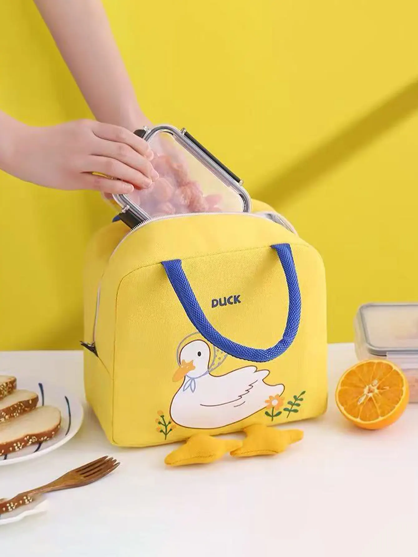 Little Yellow Duck Lunch Box Bag, Insulated Lunch Bag, Portable Student Lunch Box, Aluminum Foil Layer, Thickened, Stain-Resistant Canvas Tote Bag, 1 Piece