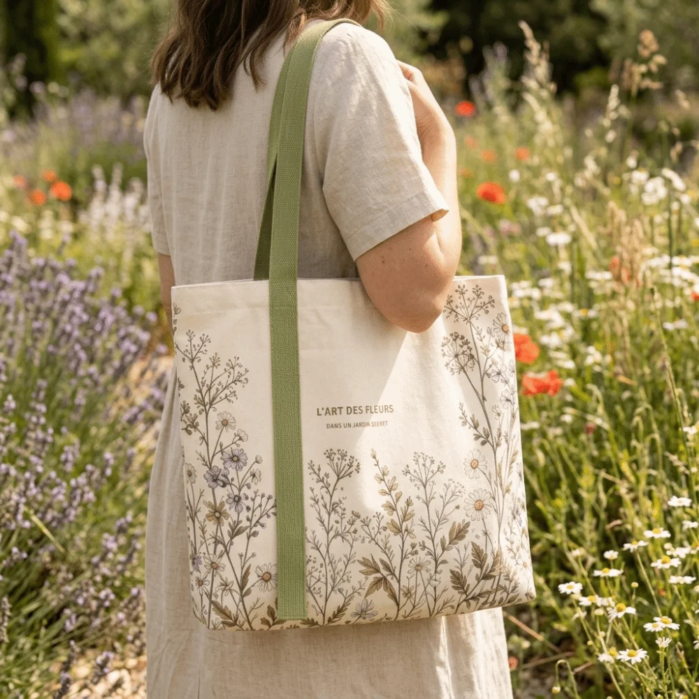 New Cotton Canvas Canvas Tote Bag Durable Lightweight Carry Bag Green Daisy Print Travel Bag Shopping Trips