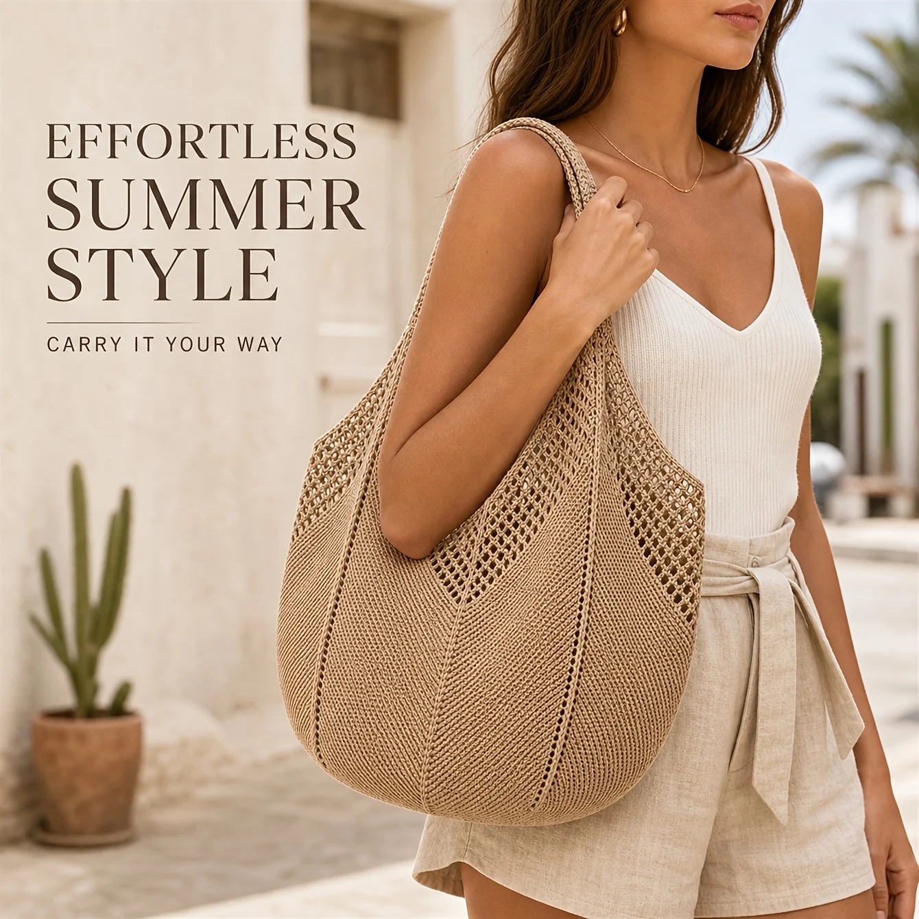 Lightweight Large Capacity Hollow Knitted Tote Bag, Crochet Shoulder Handbag for Beach Travel School, Mother's Day Gift for Mom