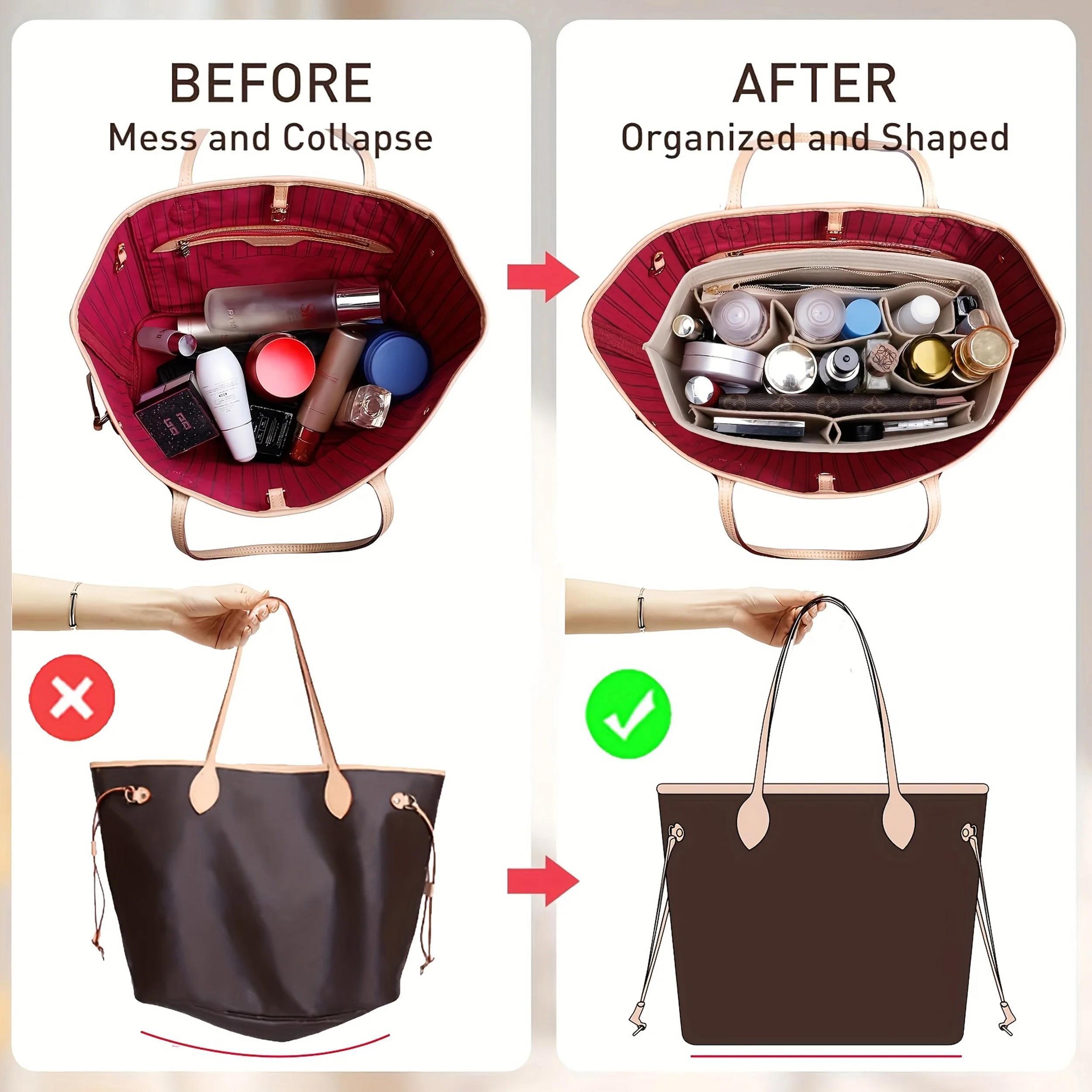 Purse Organizer Insert for Handbags & Base Shaper 2pc Set, Felt Organizer Insert Large Tote, Bag Organizer with Zipper, 3 Size