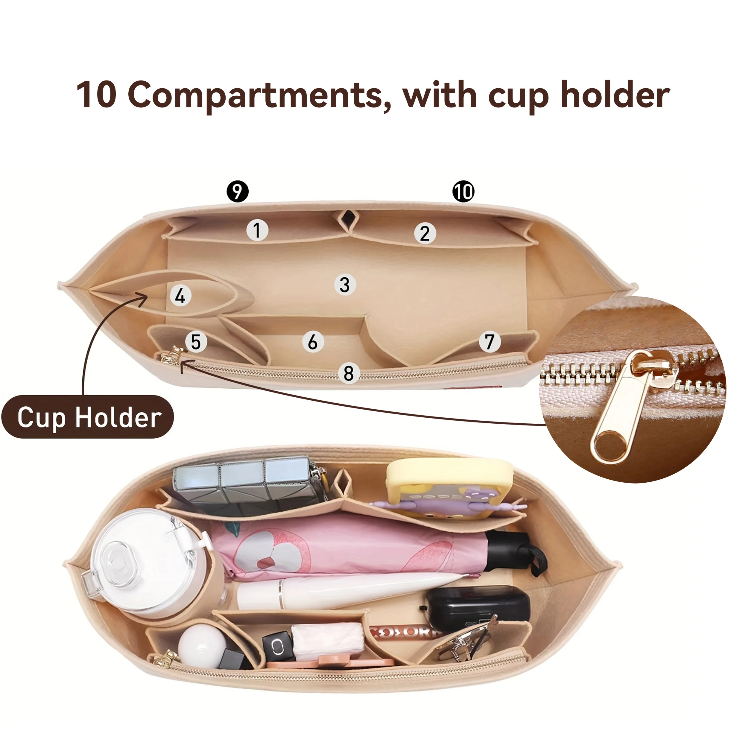 Purse Organizer Insert for Handbags & Base Shaper 2pc Set, Felt Organizer Insert Large Tote, Bag Organizer with Zipper, 3 Size