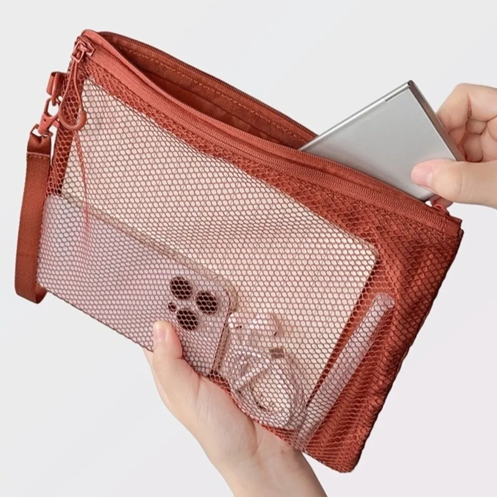 Fashion Lightweight Mesh Storage Bag With Zipper Solid Color Cosmetic Bag Multifunctional Polyester Makeup Pouch Makeup Storage