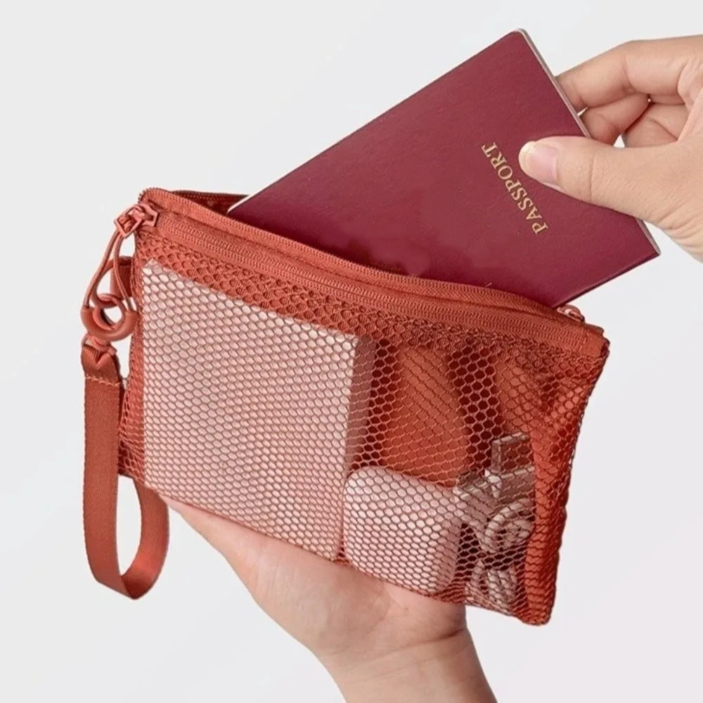 Fashion Lightweight Mesh Storage Bag With Zipper Solid Color Cosmetic Bag Multifunctional Polyester Makeup Pouch Makeup Storage