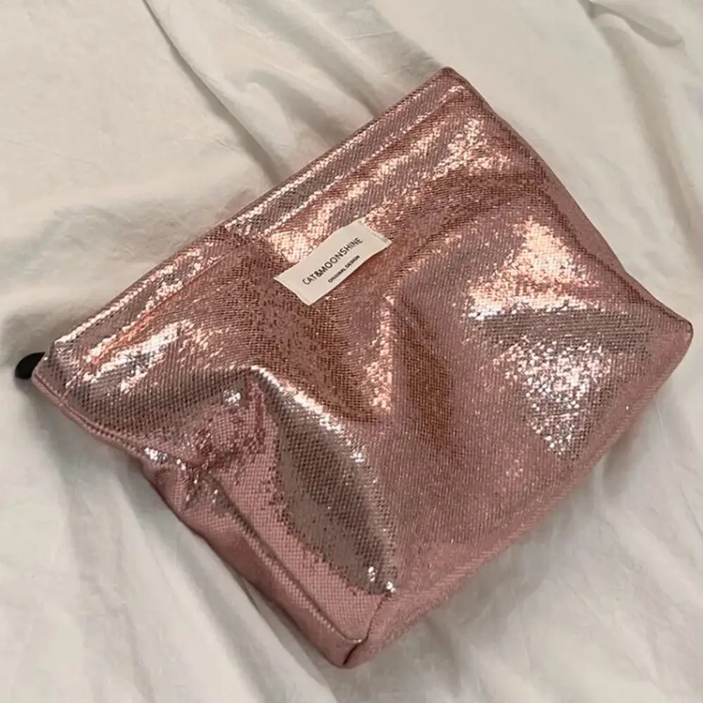 Portable Shiny Sequins Makeup Bag Silver Champagne Cosmetic Bag Solid Color Toiletries Skincare Storage Bag Travel