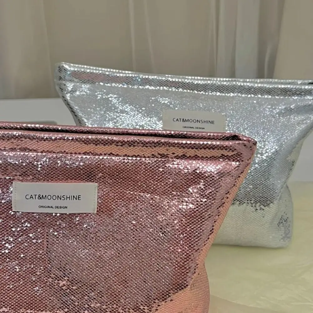 Portable Shiny Sequins Makeup Bag Silver Champagne Cosmetic Bag Solid Color Toiletries Skincare Storage Bag Travel